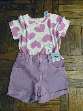 Cat & Jack White Tee with Pink Hearts and Lavender Shorts